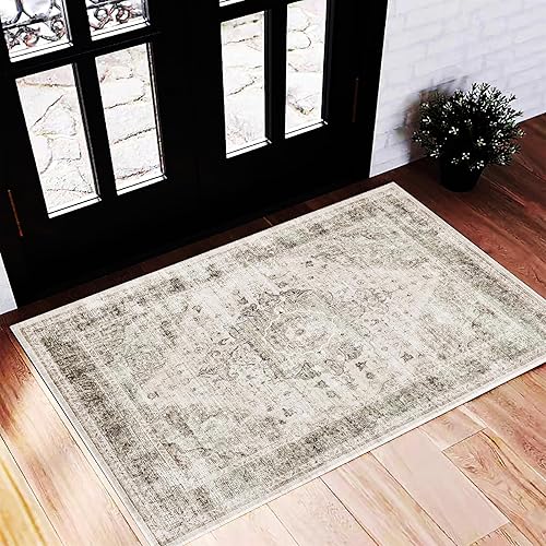 CHAMPLANT Washable Area Rug 2'x3' Floral Khaki Door Mat Vintage Distressed Doormat Indoor Entrance Traditional Thin Rug Floral Print Non Slip Carpet for Kitchen Bathroom Bedroom Living Room