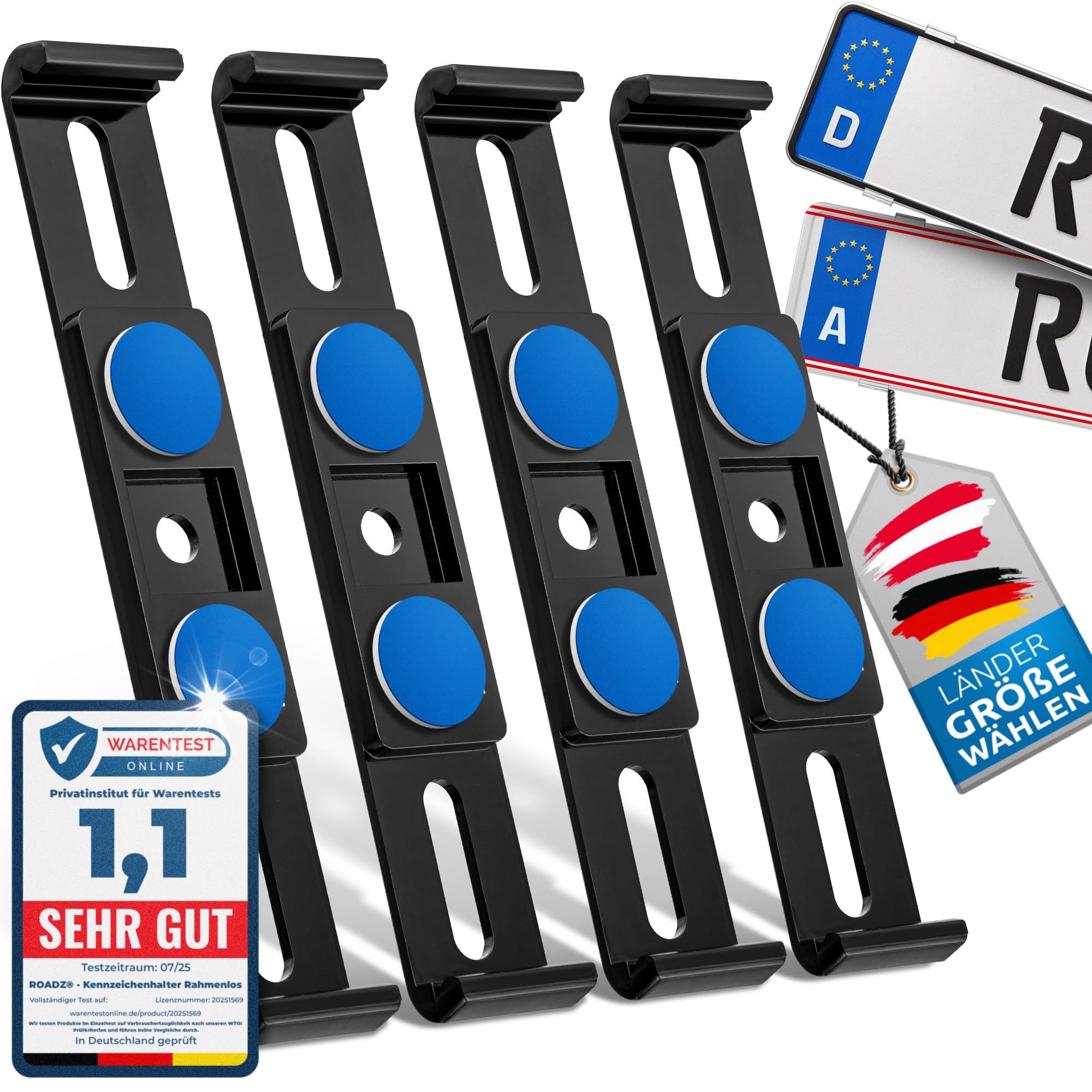 ROADZ® Kennzeichenhalter Rahmenlos - [unsichtbar & legal] - Sicherung für bombenfesten Halt - Set für 2 Kennzeichen - werbefrei - Nummernschildhalter - rahmenlose Kennzeichenhalter Auto