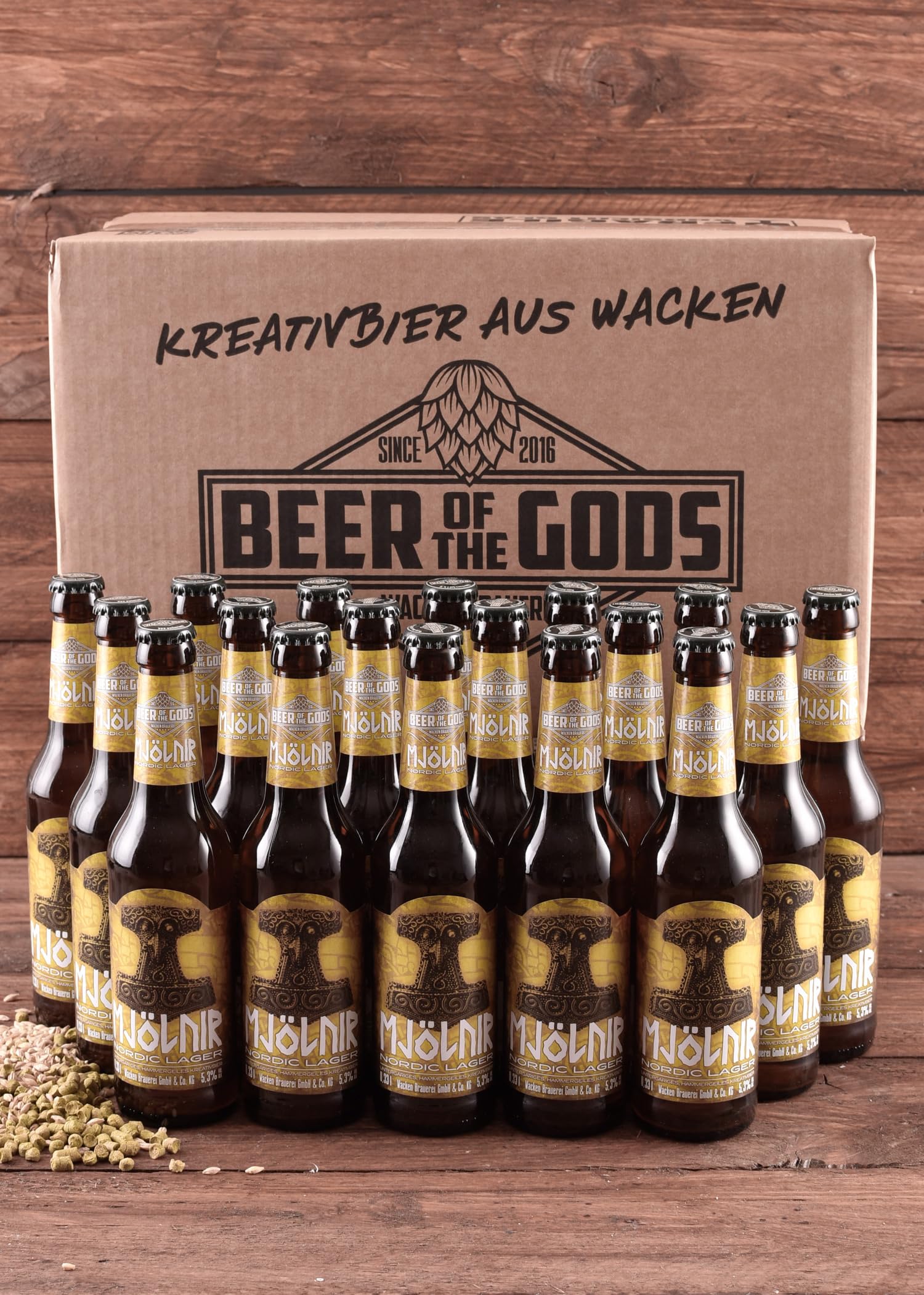 Wacken Brauerei Mjölnir - Pack de cervezas caseras - 20 botellas de 0,33 l de cerveza pils lager nórdica con el martillo de Thor - La cerveza de los dioses