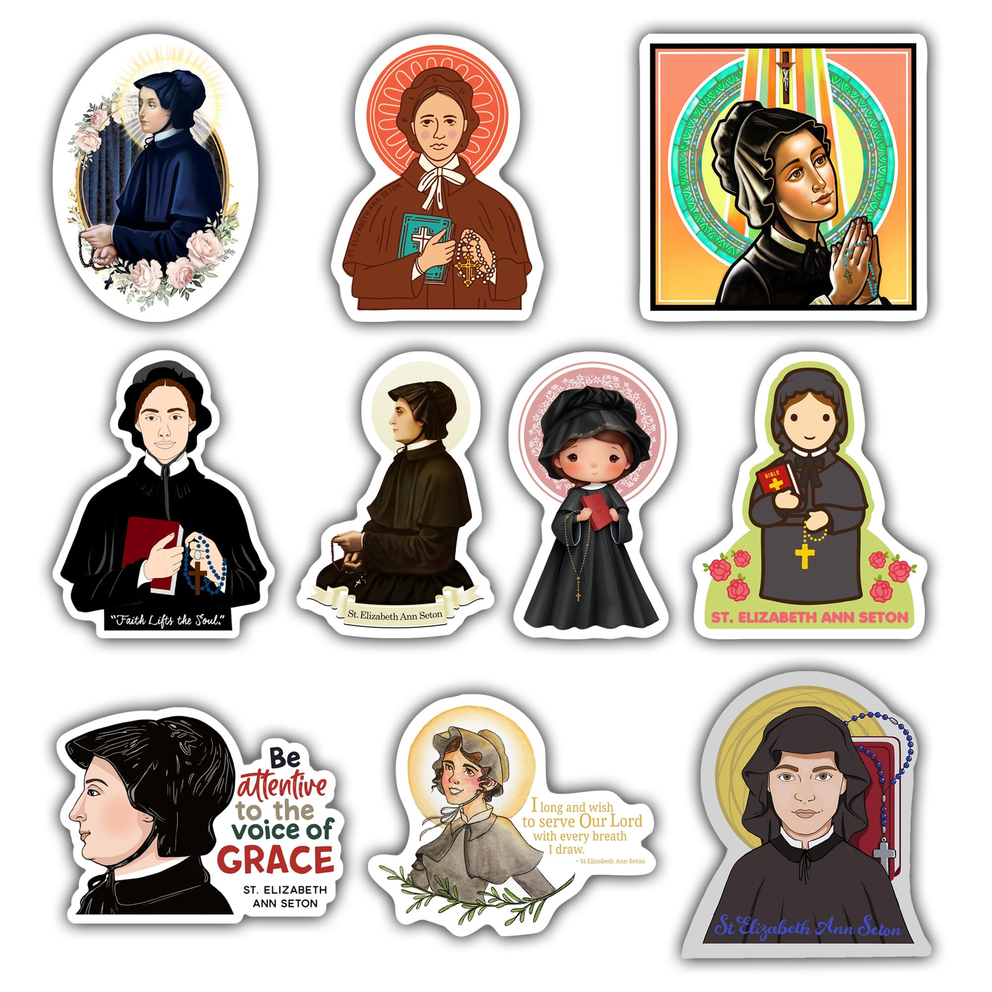 (10PCS) Saint Elizabeth Ann Seton Stickers - Christian Catholic Gift Waterproof Vinyl Sticker Decal for Laptop Water Bottle or Car 3 Inches