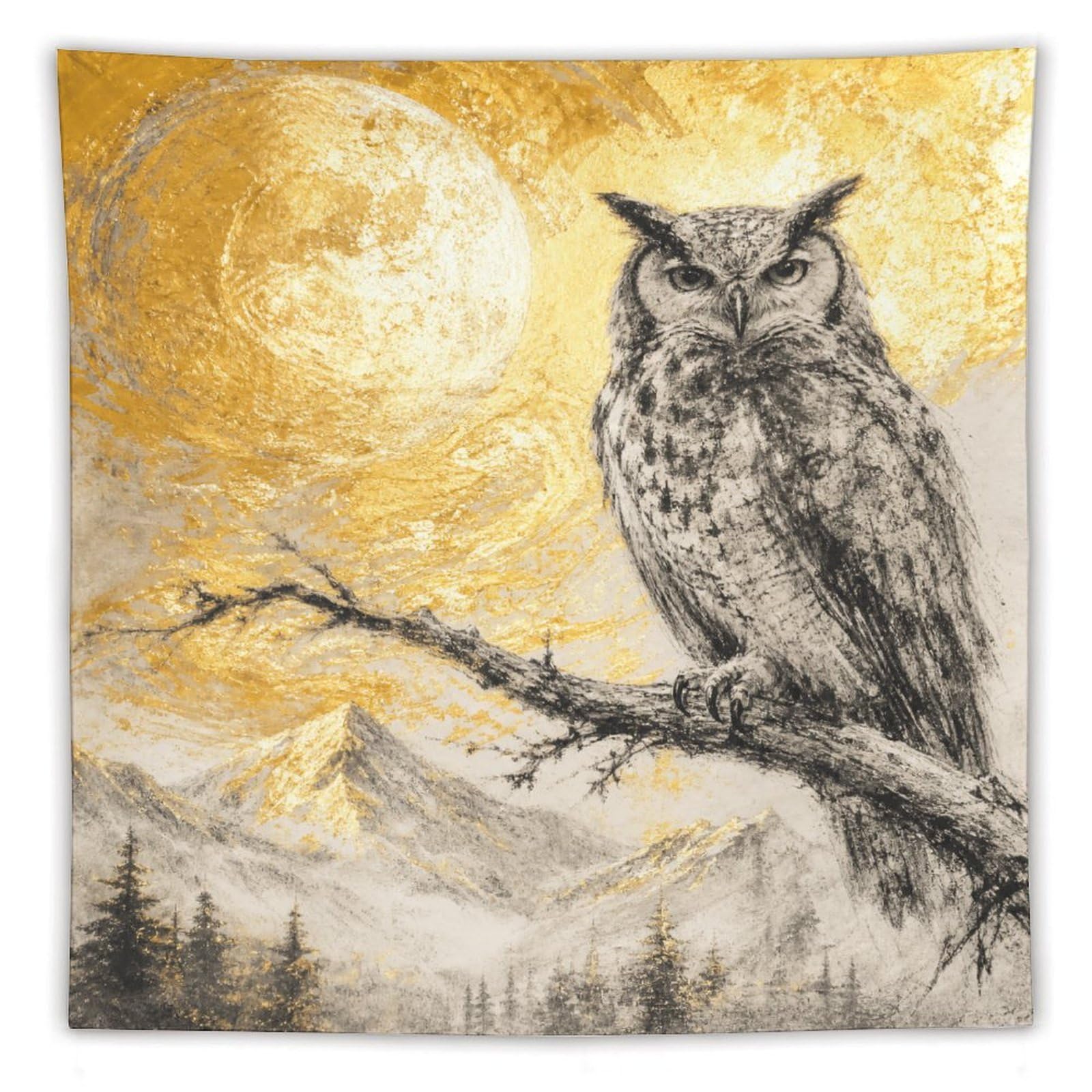 W7C8U2X3 Owl on Golden Moon Branch Wall Tapestry, College Dorm