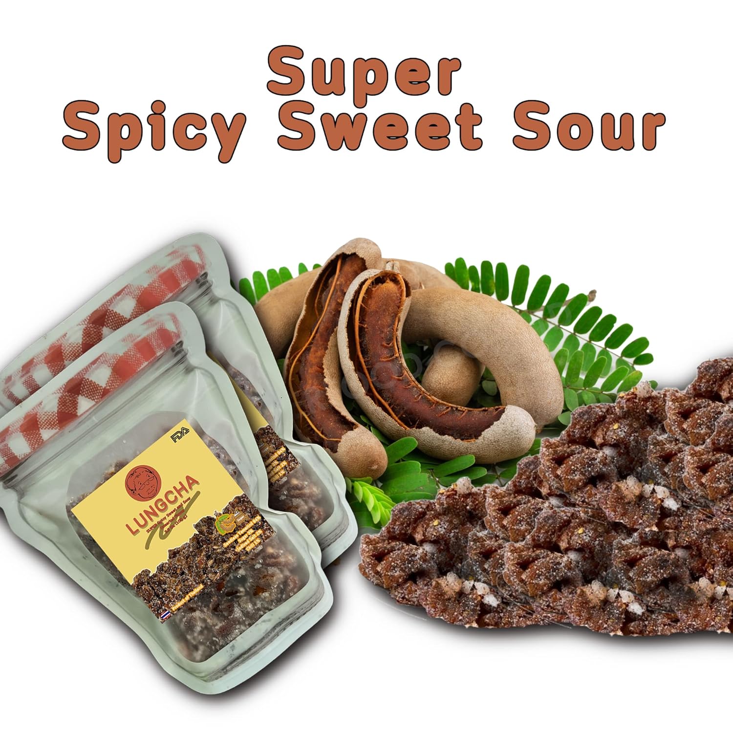 LUNGCHA Seedless Real Dried Tamarind from Thailand SET OF 4 PACKS Variety Mixed Favors of Candy & Snacks Spicy, Sweet, Sour, and Plum Savory Taste.