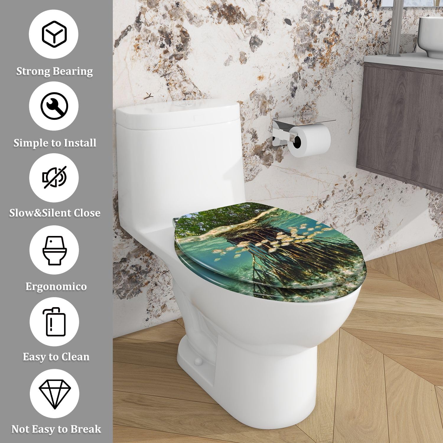 Asiento de inodoro alargado de resina con tapa para baño.