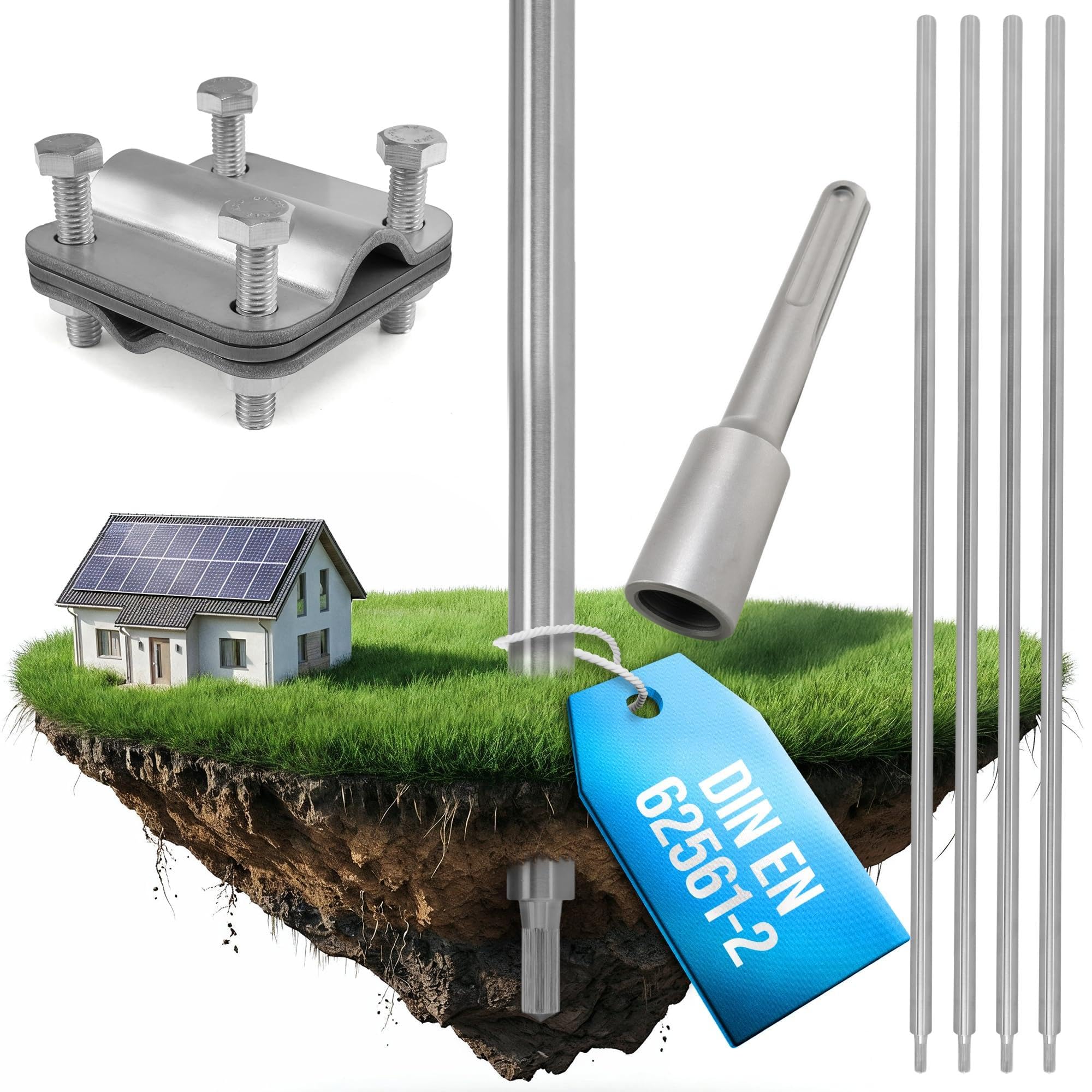 GRAFT kit d'électrodes de terre en V4A | perches 4x 1 m | Ø 20 mm | Avec enfonceur SDS-Max + borne | Syst. PV paratonnerre | Mise à la terre | Mise à la terre individuelle | Piquet