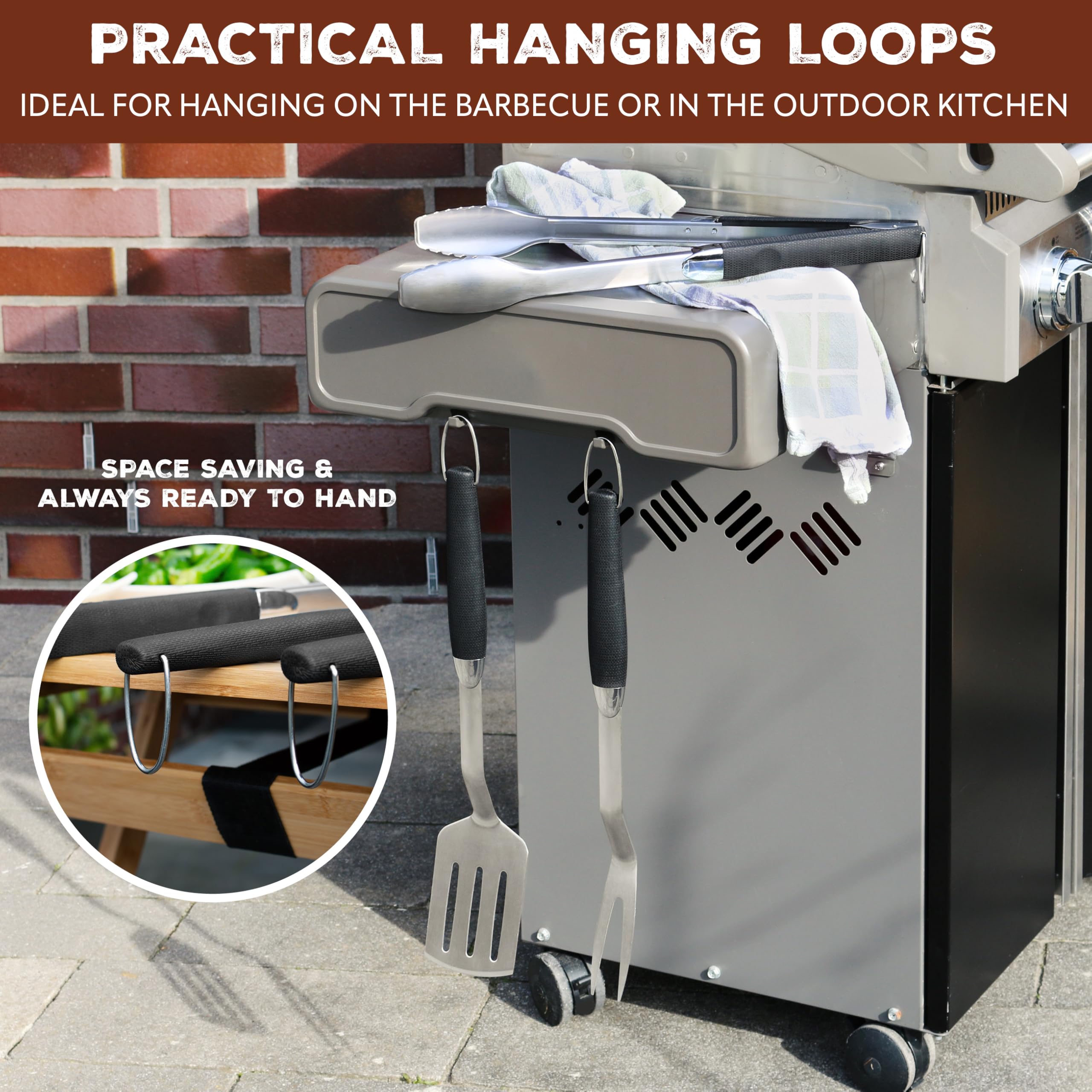 bremermann Set di posate per barbecue, 3 pezzi, pinza, paletta, forchetta per carne, accessori per barbecue in acciaio inox con impugnatura morbida