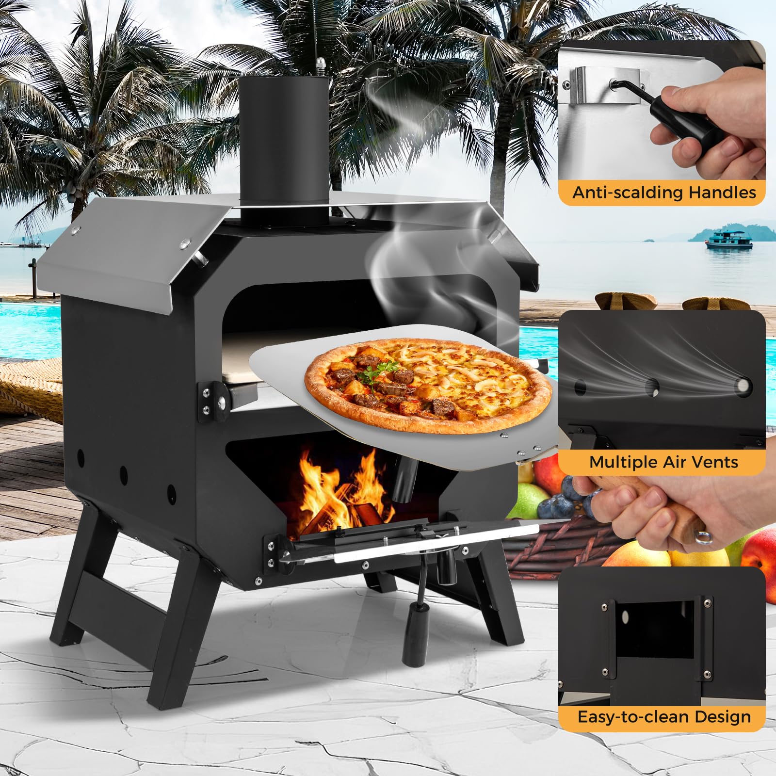 Four à Pizza d'Extérieur en Acier Inoxydable avec Pierre à Pizza, Gril en Bois Portable, Housse de Protection, Noir