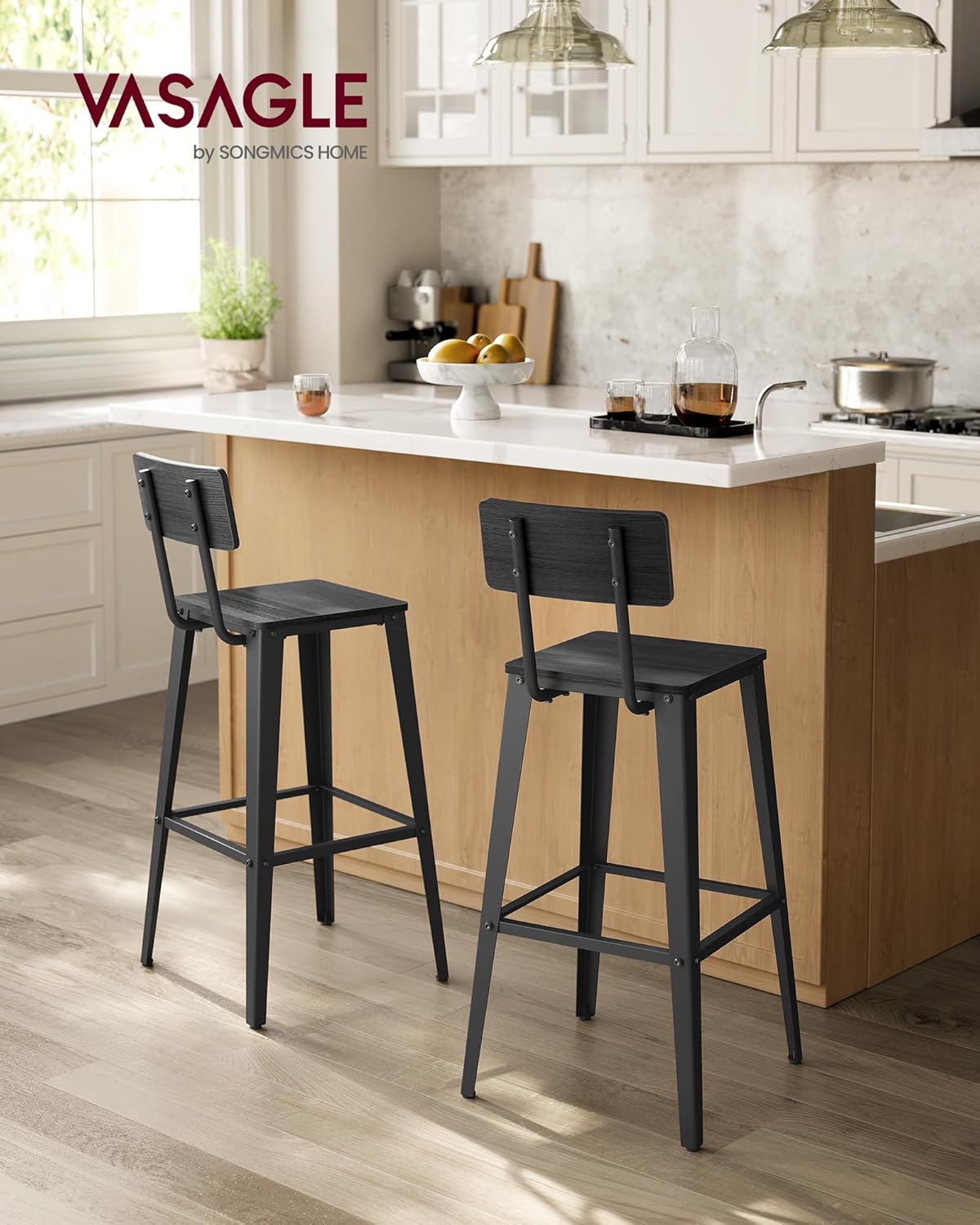 VASAGLE Set of 2 Bar Stools, Bar Height Stools, 29.1 Inches Tall Barstools with Back, Counter Bar Chairs for Kitchen Island, Steel Frame, Industrial Style, Easy Assembly, Ash Black and Ink Black