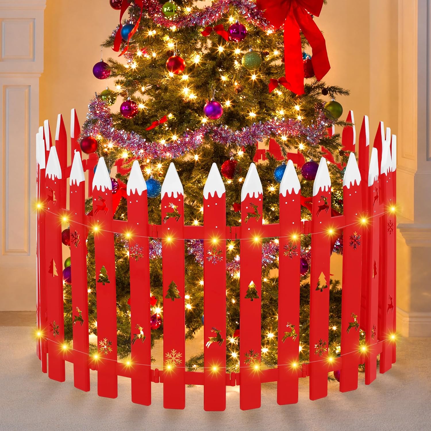 Aneco 15 Pieces 16 Inch Tall Christmas Tree Fences with LED String Light Snowflake Plastic Red Picket Fences Reindeer Decorative Pet Barrier Tree Protector for Indoor Outdoor Christmas Wedding Holiday Christmas Reindeer