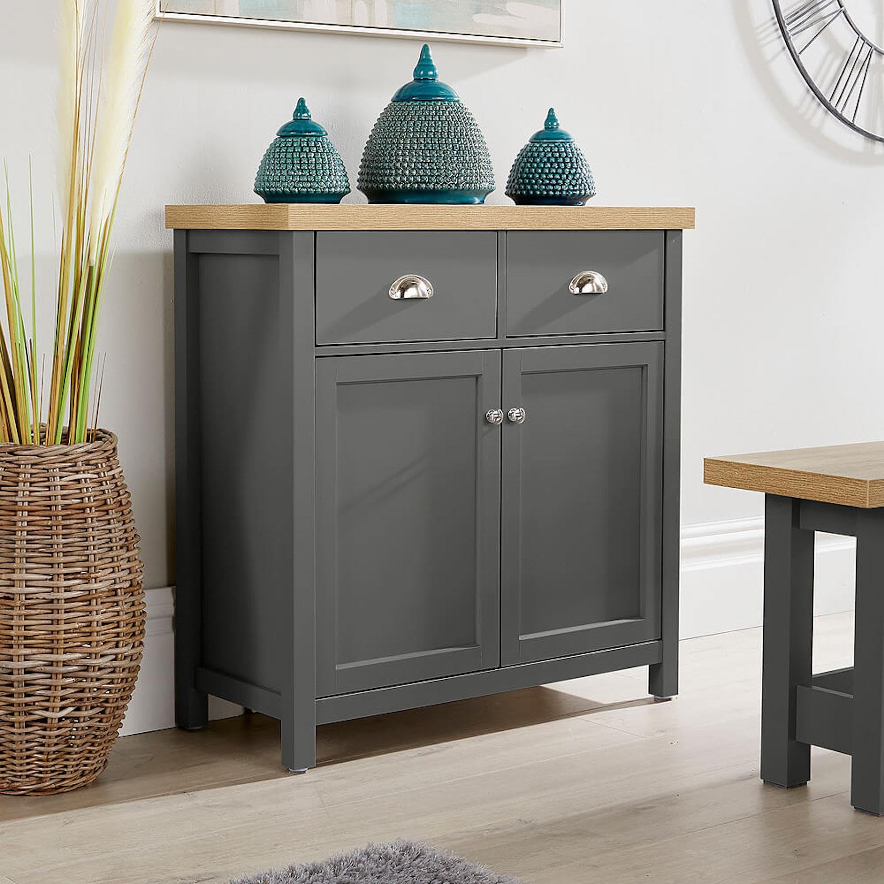 Home Source 2 Door 2 Drawer Sideboard Storage Cupboard, Shelf, Metal Handles, Oak Effect, Dark Grey