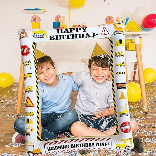 Miniatura 8 de Tema de construcción, cabina de fotos inflable, marco para selfies, camión volquete gigante, excavadora, grúa, excavadora, zona, fiesta, marco de