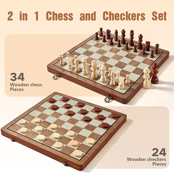 MerryPony 2 in 1 Magnetic Wooden Chess and Checkers Set, 15 Foldable Chess set for Adults & Kids, Chess Board with 2 Extra Queens, Travel Chess Set with Pieces Storage Slots, Ideal Chess for Beginner