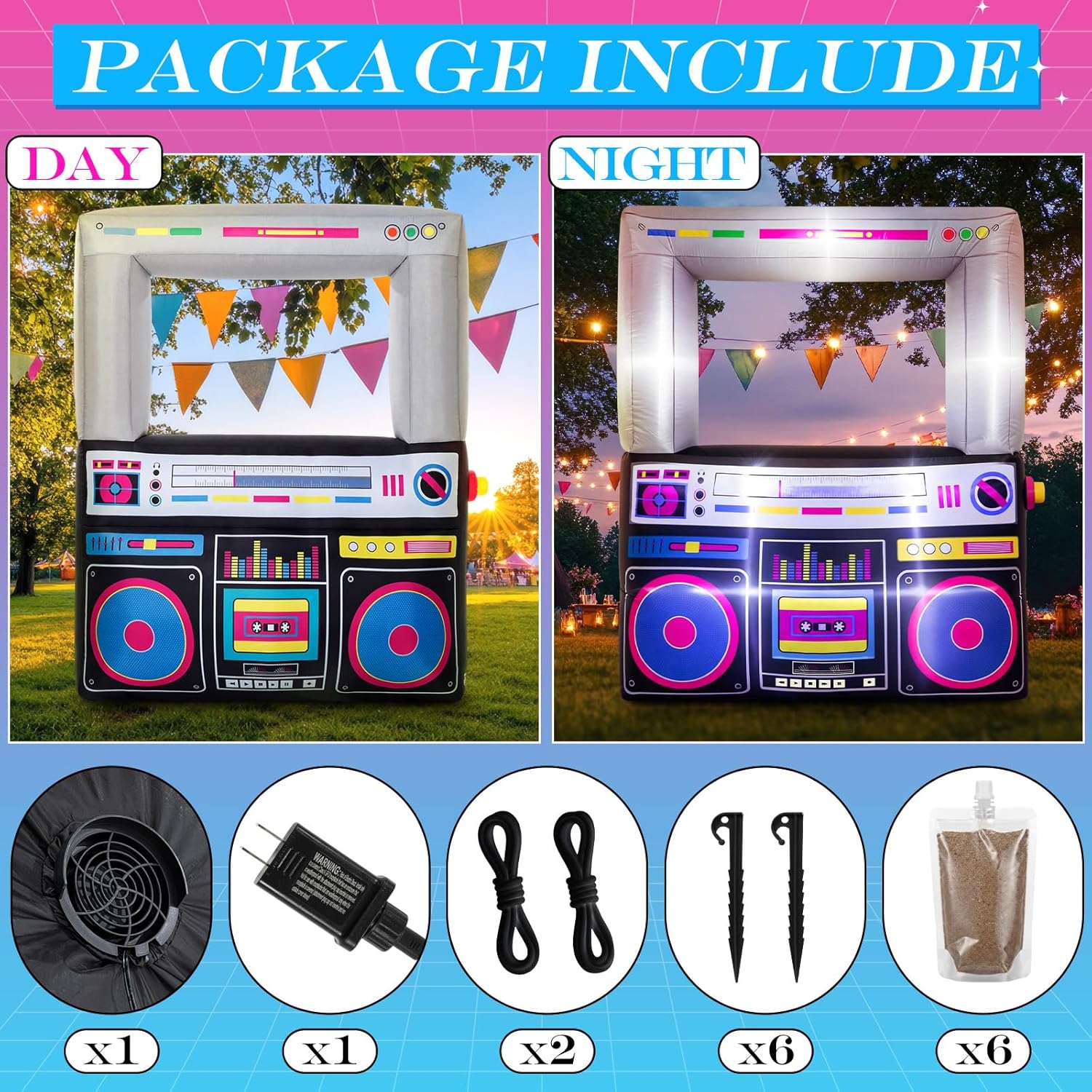 Soulchen 6 x 5 ft Inflatable Radio Boombox Decor with Built in LEDs Lighted and Air Blower, 80's 90's Party Decoration Blow up Giant Radio Boombox for Hip Hop Birthday Disco Retro Photo Props(Black)