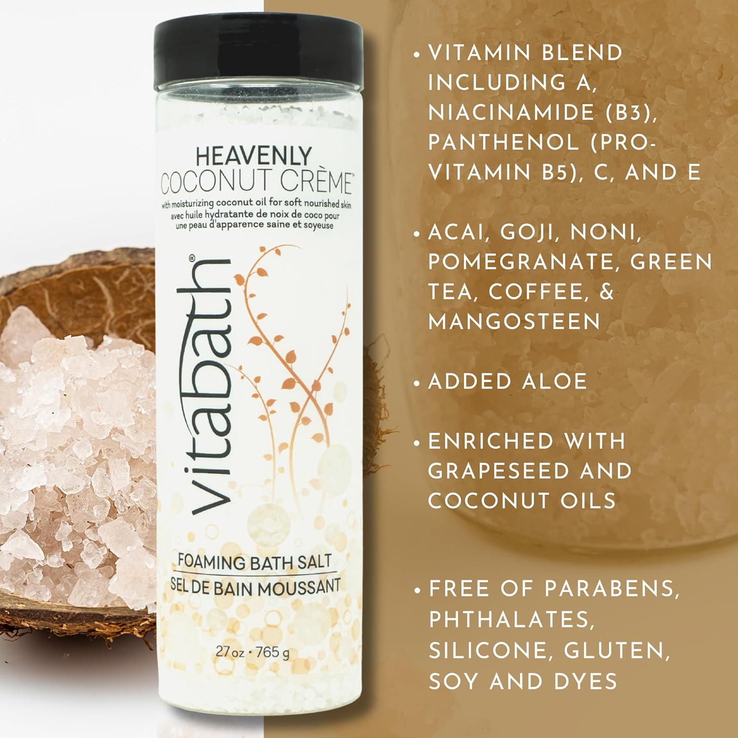 Vitabath Heavenly Coconut Crème Foaming Bath Salts Relaxing Bubble Aromatherapy Skincare - Muscle & Body Ache Soothing & Skin Nourishing Foamy Soak for Women & Men – 27 oz