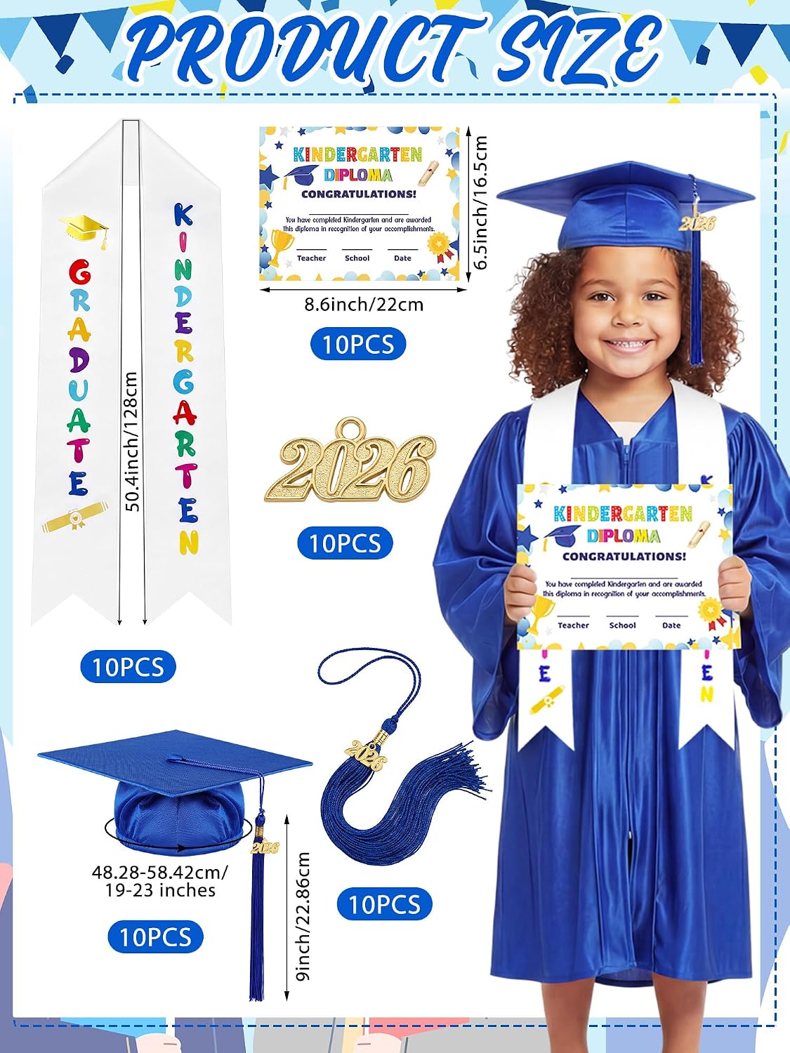 Xuhal 10 Set Kindergarten Graduation Cap and Gown Set Grad Gowns with 2026 Tassel Stole and Certificate for Kids