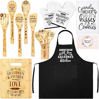 Honeydak 12 Pcs Grandma Gifts from Grandkids, Mother's Day Gifts from Grandkids Birthday Wooden Cutting Board Cooking Utensils Set Apron Kitchen Towel Oven Mitt Card for Grandma