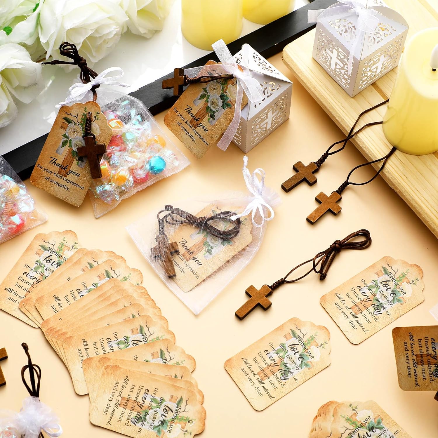 Misdary 60 Set Funeral Favors Set with 60 Wooden Cross Necklace, Celebration for Life Favors White Cross Boxes Organza Bags Sympathy Thank You Tags for Memorial Party Guest Return Funeral Gifts