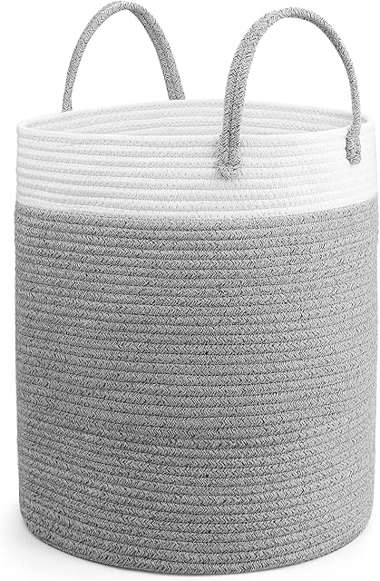 Mardiko Cotton Rope Basket Large Laundry Basket Woven Baby Storage Basket Laundry Hamper with Handle 40L for Diaper Blanket Toy Storage, Grey