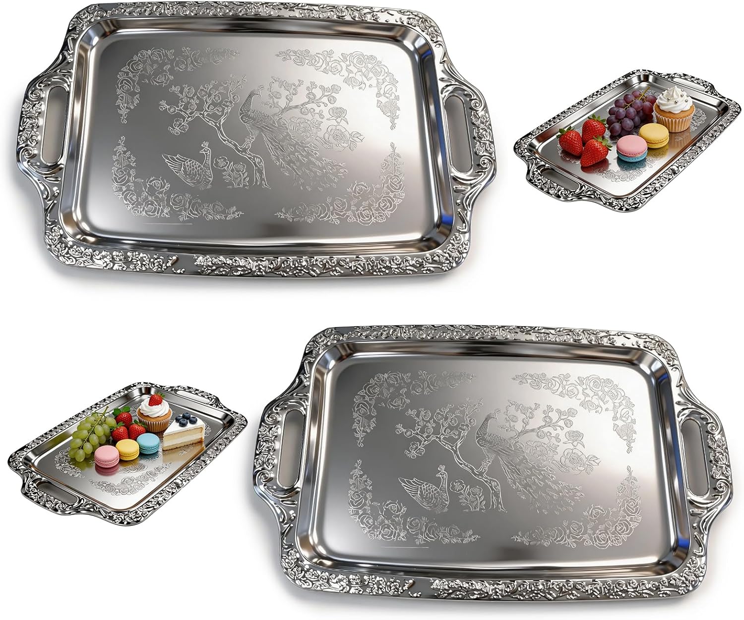 Silver Serving Tray, Metal Serving Tray - 2 Pack Rectangular Decorative Serving Trays with Handles, Ideal for Serving Food and Desserts, Perfect for Home, Parties and Weddings.