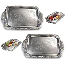 Silver Serving Tray, Metal Serving Tray - 2 Pack Rectangular Decorative Serving Trays with Handles, Ideal for Serving Food and Desserts, Perfect for Home, Parties and Weddings.