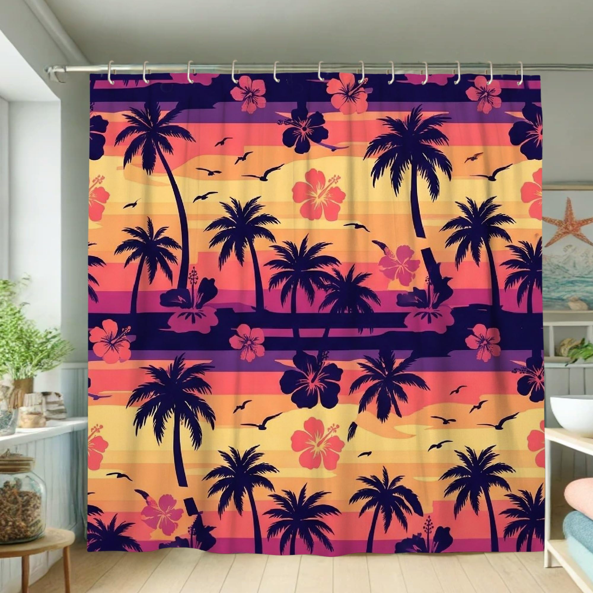 Rideau de douche lavable oiseau tropical et crochets inclus