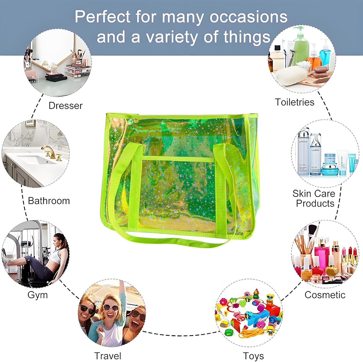 Star-Print Holographic Beach Bag - Waterproof Iridescent PVC Tote for Women, Stadium Approved Clear Tote for Travel (Green+Star) | Holographic
