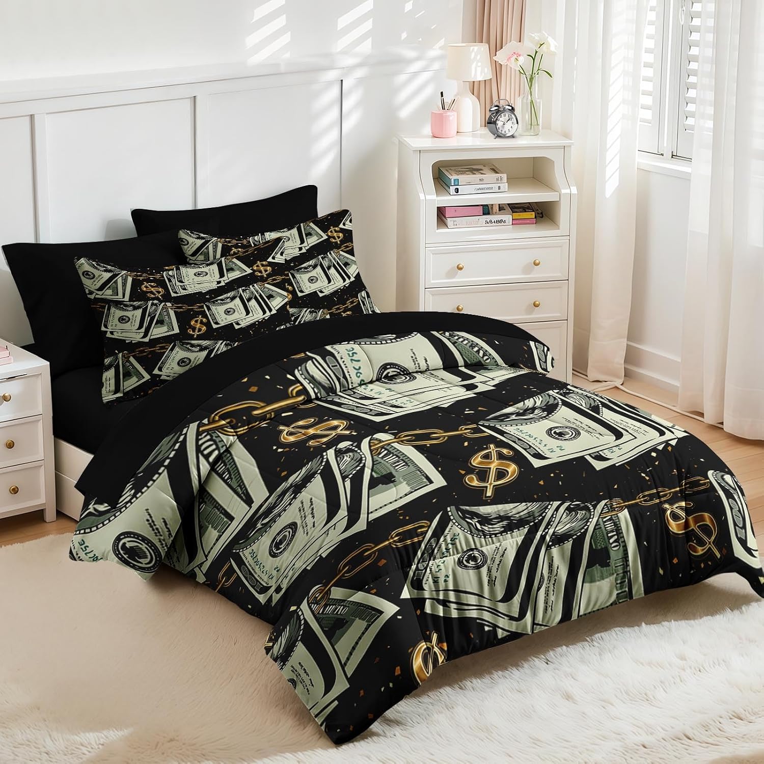Nesker 7 Pcs Comforter Set Queen Size, Gold Money Bill Coins Bedding Set for Kids and Adults, Abstract One Hundred Dollar Sheets Bed Sheet Sets with Fitted Sheet 2 Pillowcases & 2 Shams