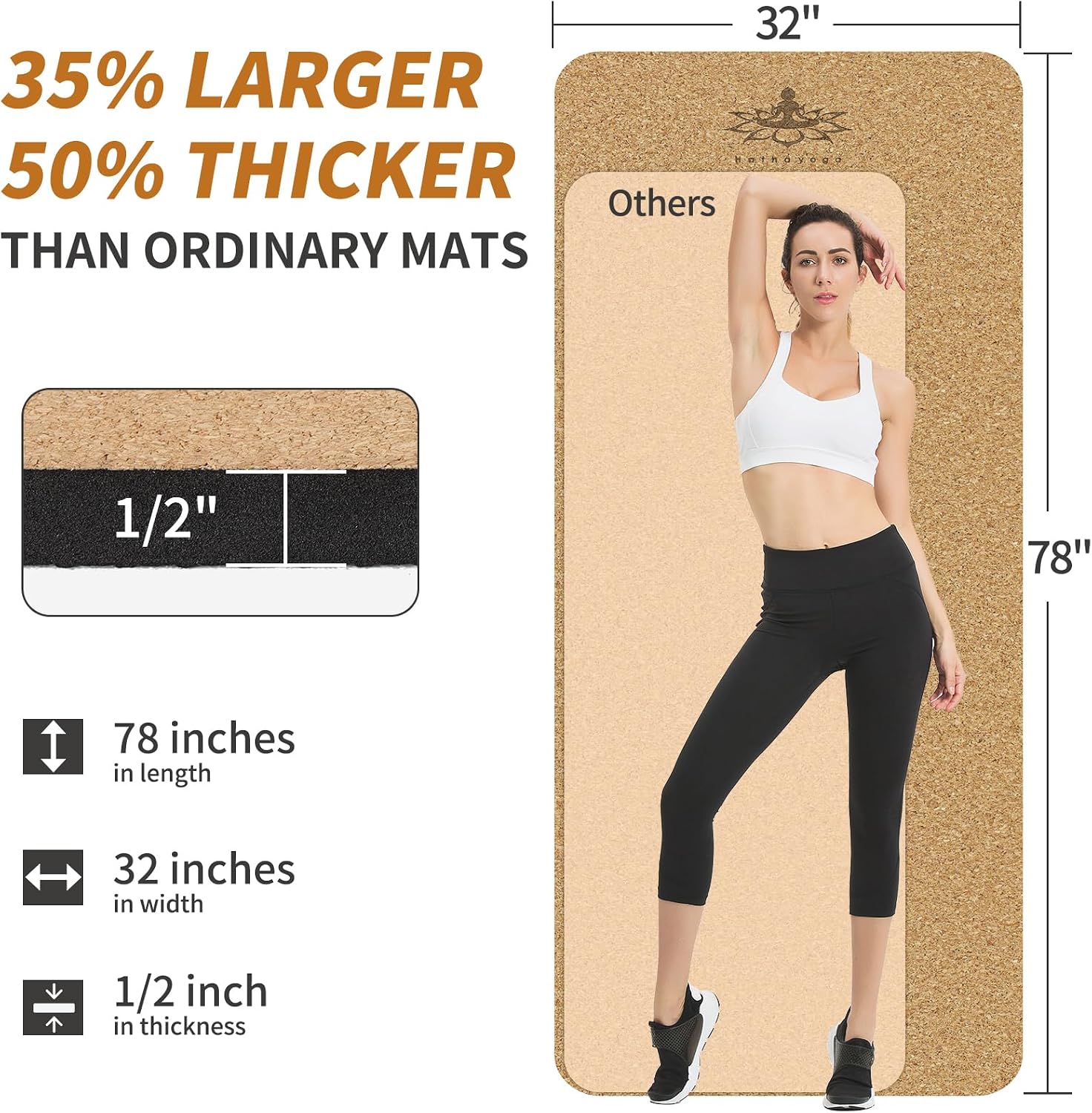 Hatha Yoga Extra Large Natural Cork Yoga Mat - 78" x 32" or 72" x 48", 1/2" Extra Thick Non-slip TPE Exercise Mat, Anti-tear Pilates Mat for Home, Gym, Hot Yoga, Stretching, Fitness & Workouts image 3