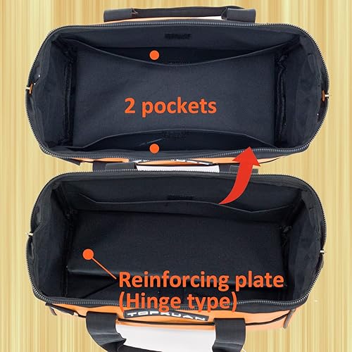 Miniatura 3 de TOPXUAN Bolsa de herramientas de 13 pulgadas naranja y negro boca ancha para carpintería, electricista, herramientas de construcción de