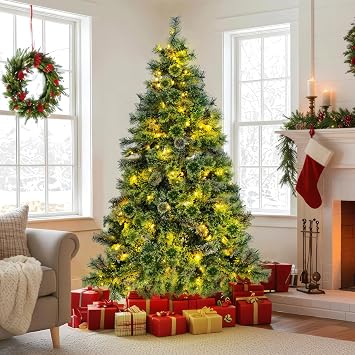 Arlopu 8.1ft Pre-lit Artificial Cashmere Christmas Tree, Snow Flocked Prelighted Pine Needle Xmas Tree, W/450 Warm White Lights, Tips, Foldable Metal Base for Home Store Party Holiday Decoration