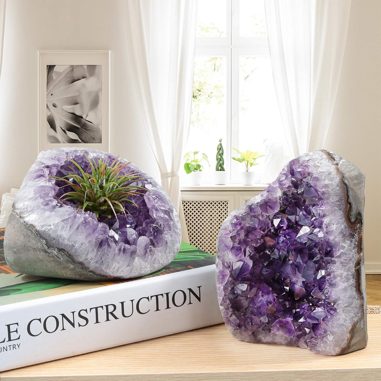mookaitedecor Bundle - 2 Items: Natural Celestite Mineral Crystal Geode Cluster Specimen Stone & Natural Amethyst Cluster Stone Raw Geode Quartz Mineral Specimen