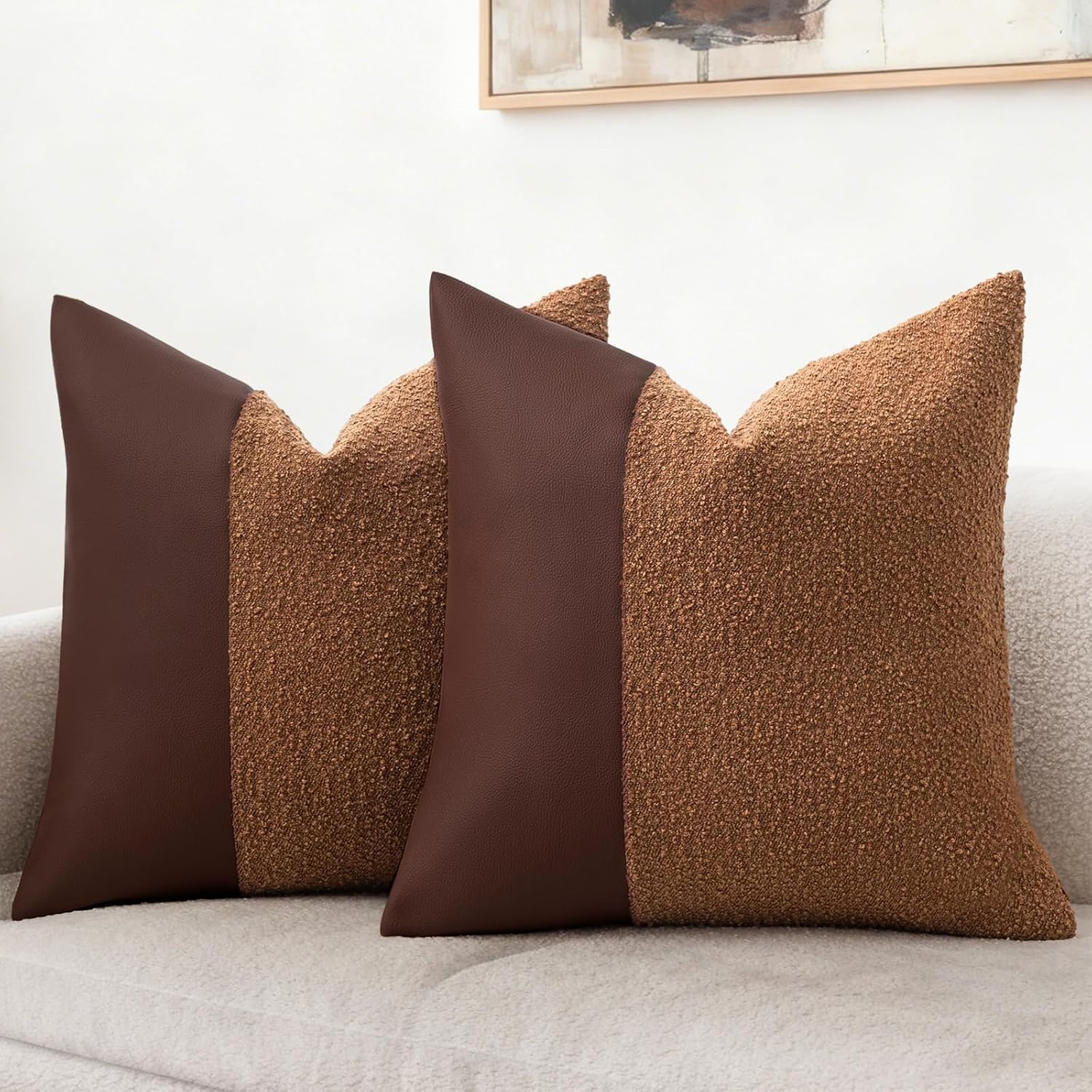Faux Leather Fluffy Boucle Throw Pillow Covers 18X18 Inch Set of 2 Brown Outdoor Modern Farmhouse Solid Decorative Pillow Covers for Room Couch Living Bedroom Bed Sofa