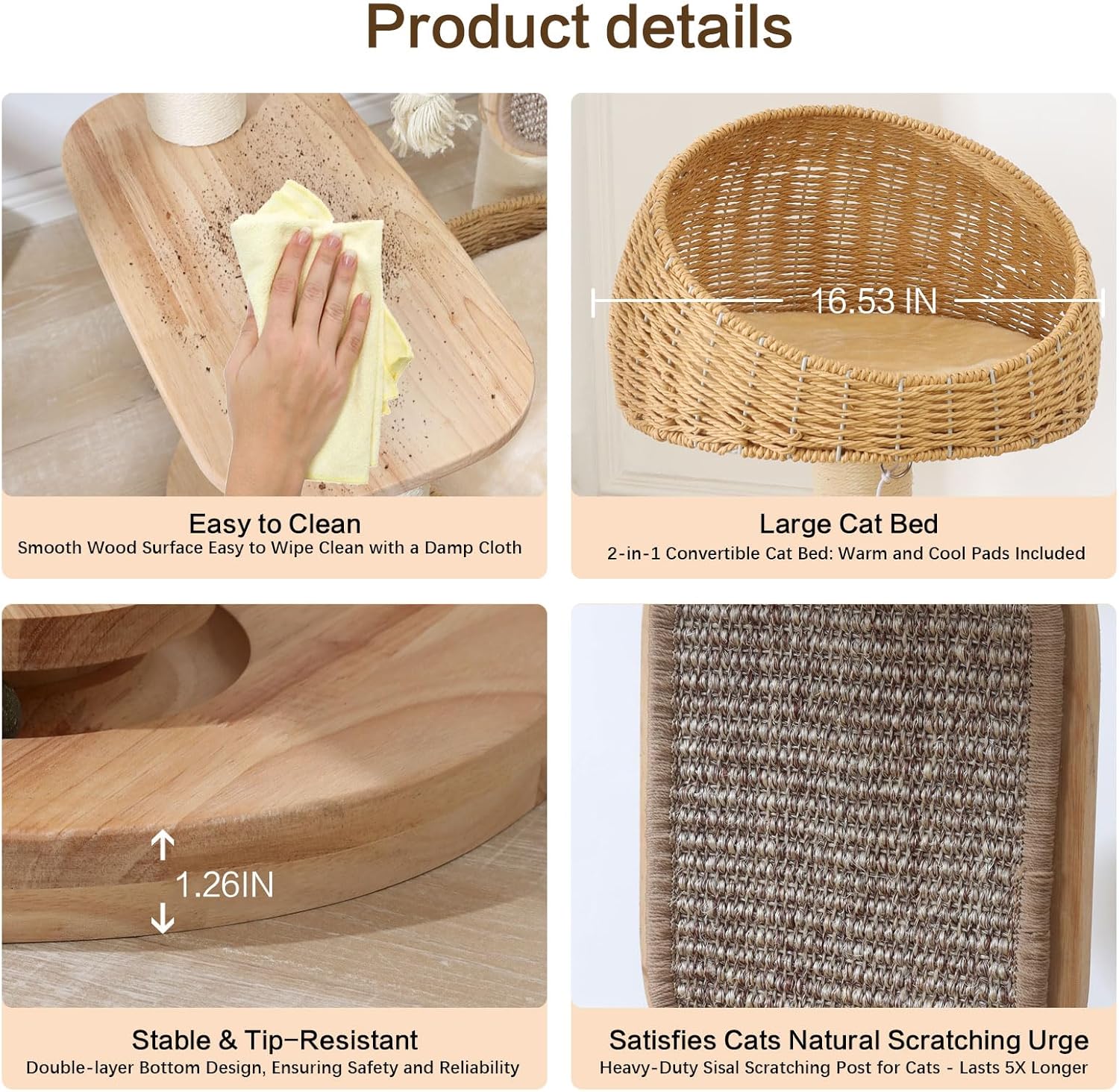 Solid Wood Cat Tree for Large Cat, 50-Inch Tall Cat Tower for Indoor Cats with Scratching Post, Multi-Level Cat Condo with Handwoven Basket, Sturdy Cat Houses Easy to Clean