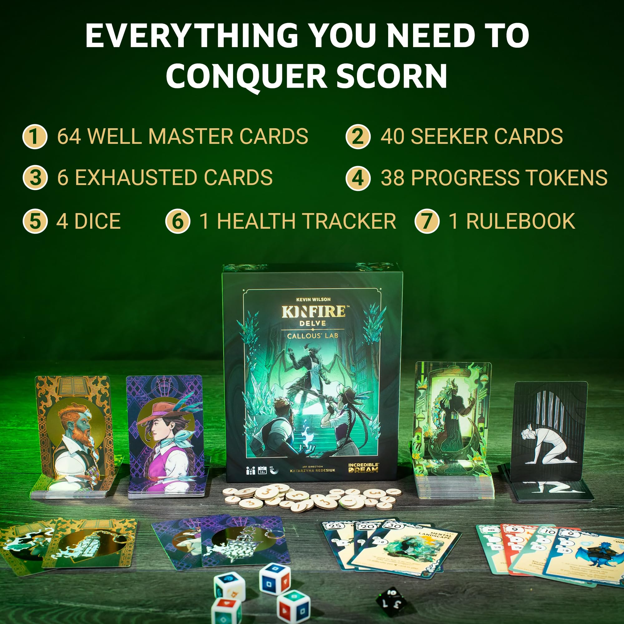 Kinfire Delve: Callous’ Lab – Tactical Solo or 2-Player Card & Dice Game, Puzzle-Focused Adventure with Replayable Depths, Ages 14+, 60+ Min Gameplay (Part of the Kinfire Universe: 5 Standalone Games)