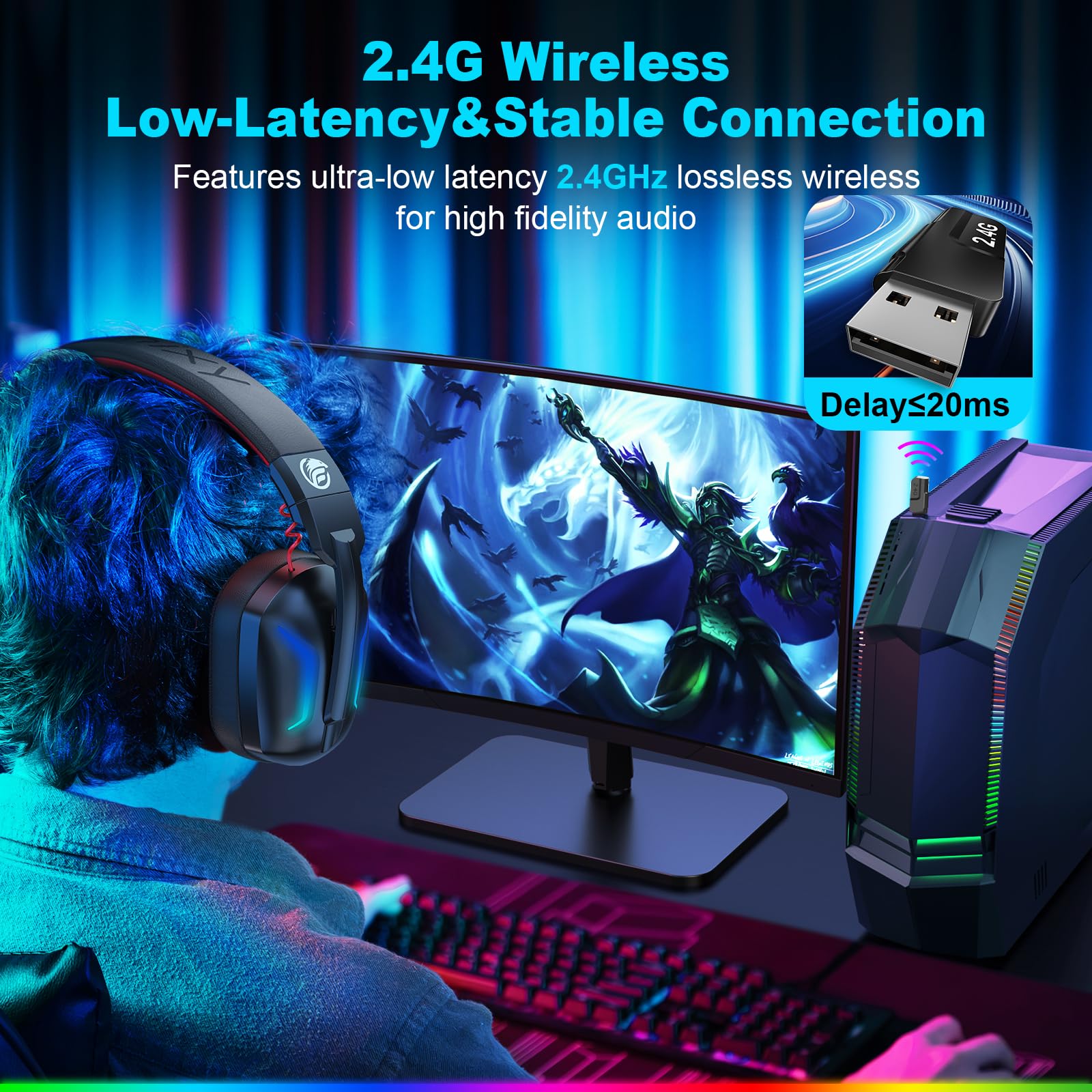 Fachixy FC300 Cuffie Gaming Wireless Per PC, PS5, PS4, Mac - 2,4 GHz e Bluetooth senza perdite - 50 ore di batteria, driver da 50 mm, luci RGB, audio spaziale, Nero-Rosso