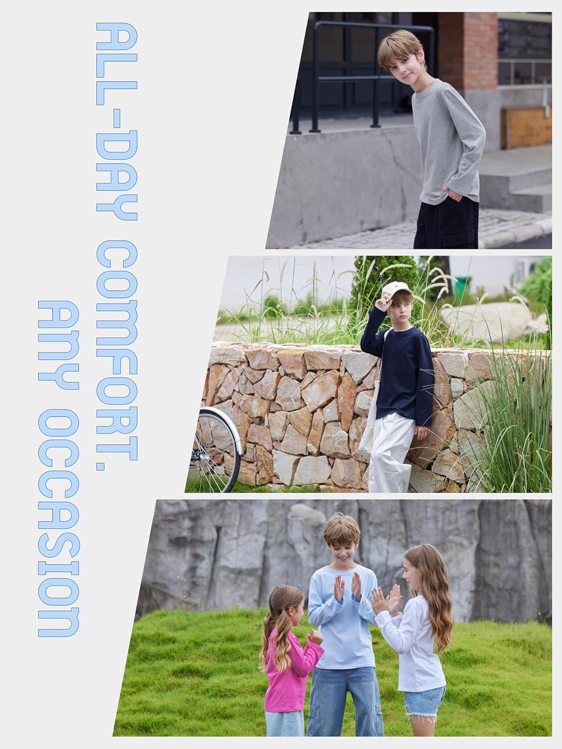 4 Pack Boys Long Sleeve Shirts Cotton Tees Youth T-Shirts Layering Clothes