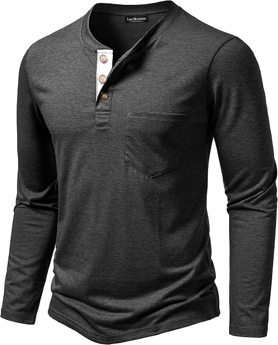 LucMatton Men's Lightweight Henley Shirt Casual Stretch Slim Fit Long Sleeve T-Shirt with Pocket