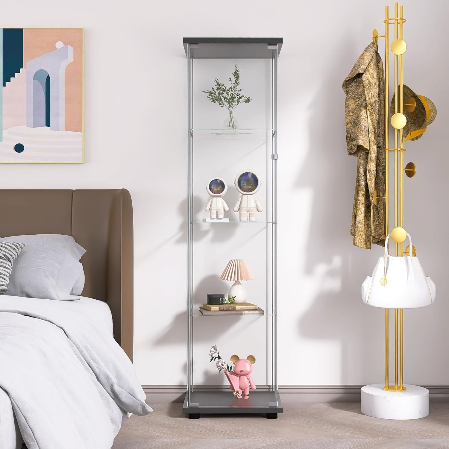 Modern 64'' 4-Shelf Glass Display Cabinet in Clear with Door, Curio Cabinet Collection Display Case, Floor Standing Bookshelf for Living Room Bedroom Home Office (Black -S)