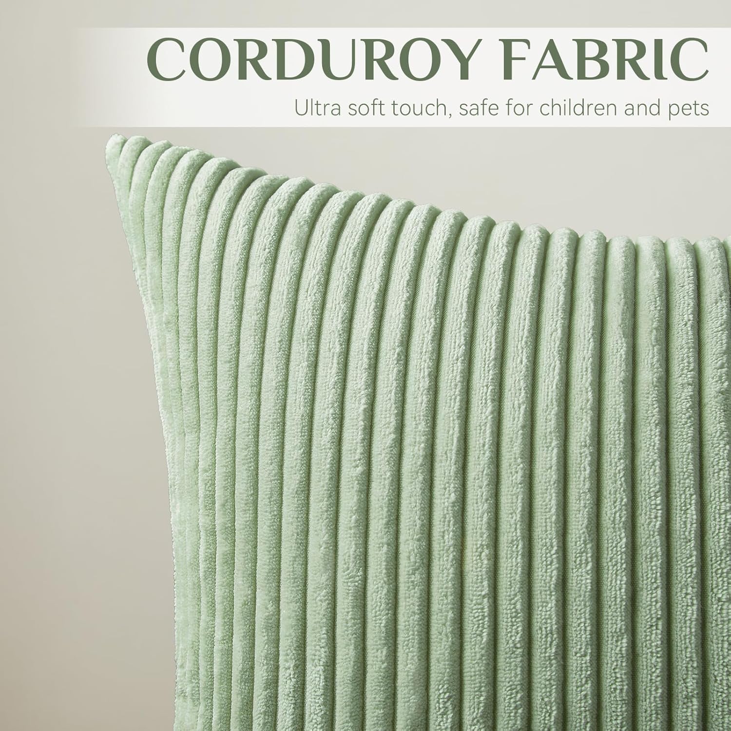 Softalker Decorative Throw Pillow Covers 18 x 18, Set of 4, Soft Corduroy Solid Striped Pillow Cover, Modern Decor Cushion Pillow Cases for Couch Sofa Bedroom Living Room, Green/Sage Green