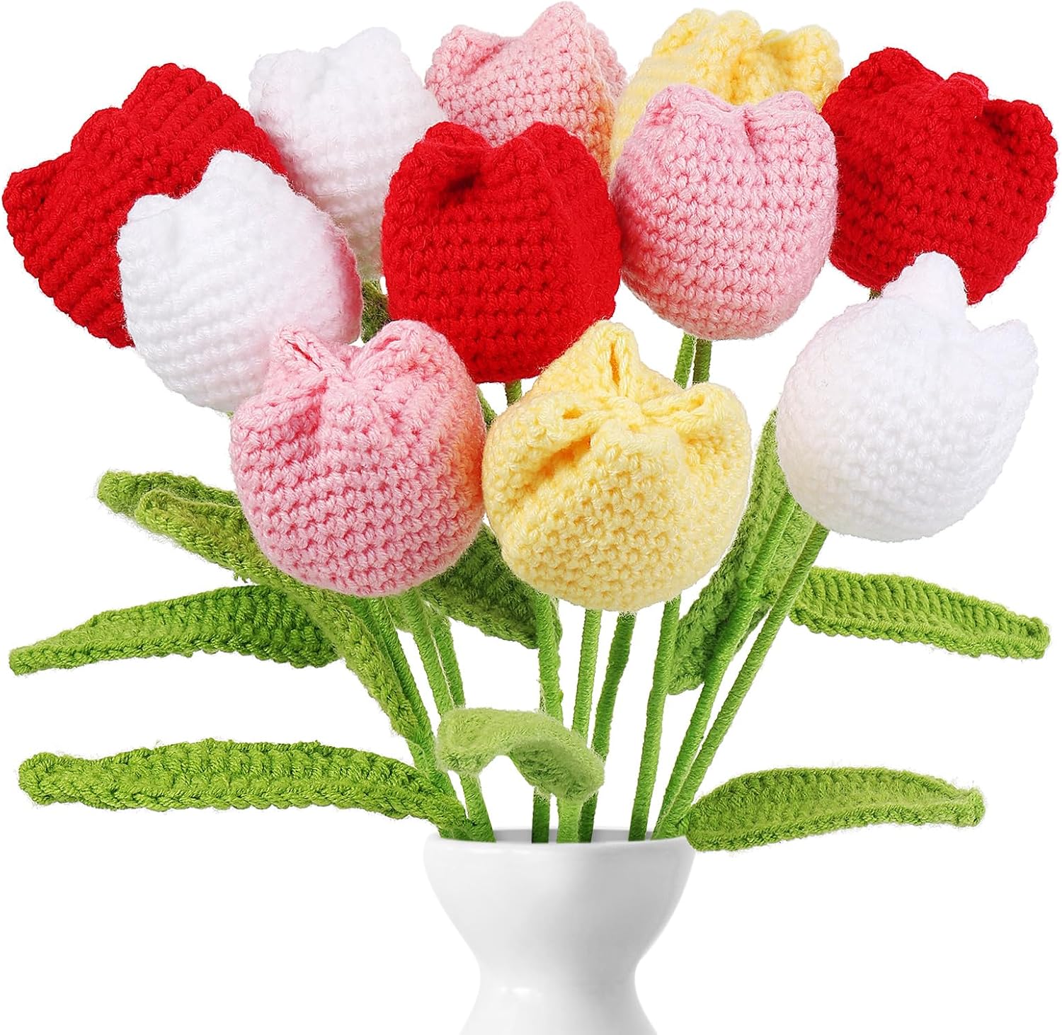 YoungJoy Crochet Rose 12 Pcs Handmade Knitted Flowers Tulip Sunflower Daisy Heart Artificial Knitted Floral Mother Day Graduation Home Decor(Cute Tulip A)