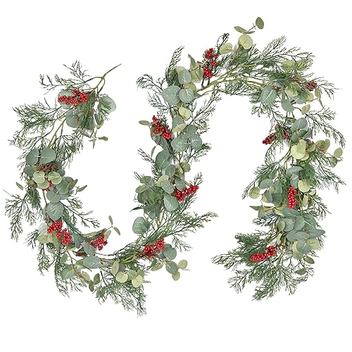 Red Berry Christmas Garland, Artificail Pine Garland with Berries Eucalyptus