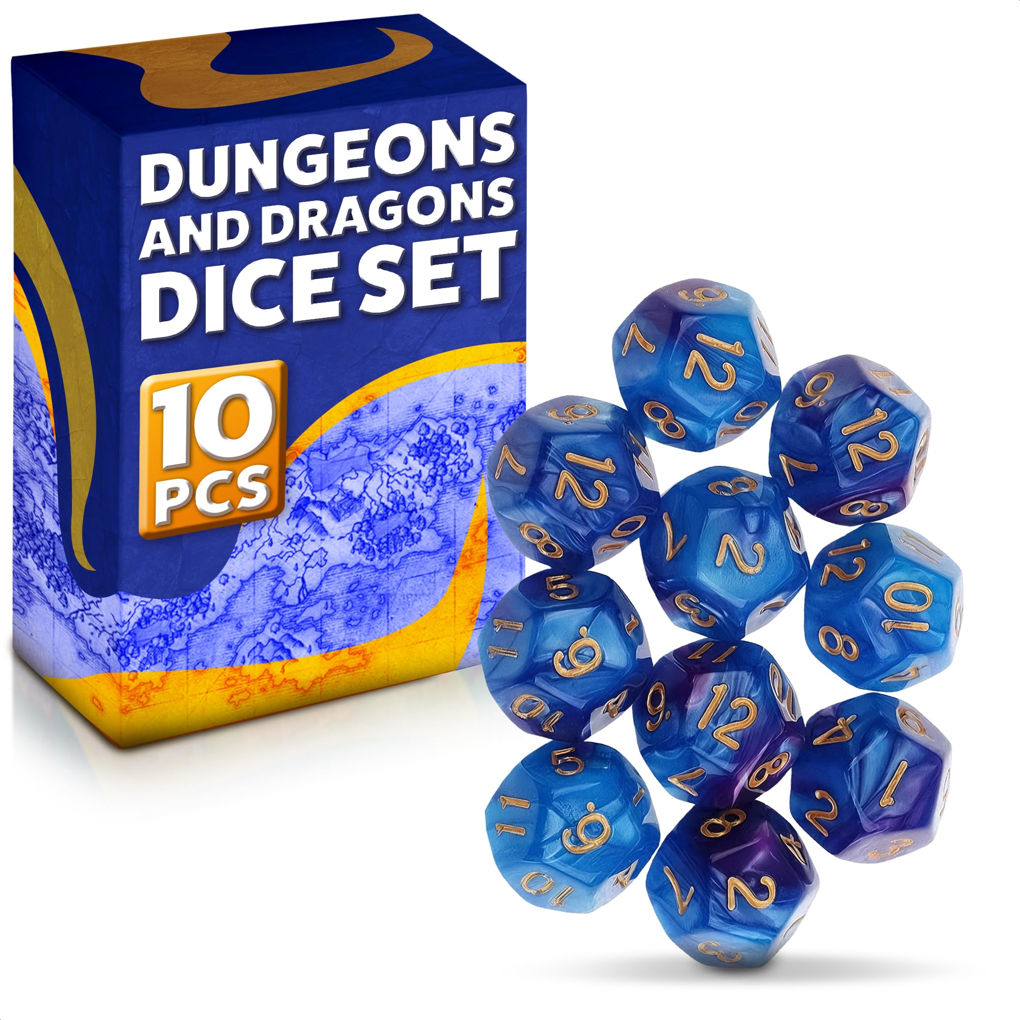 10 PCs Dungeons & Dragons D12 Dice Set – 12 Sided Dice Set for Table Games – Dual Blue-Purple Color with Clearly Visible Numbers, Sturdy Material | Suitable for Pathfinder, RPG and Other Board Games