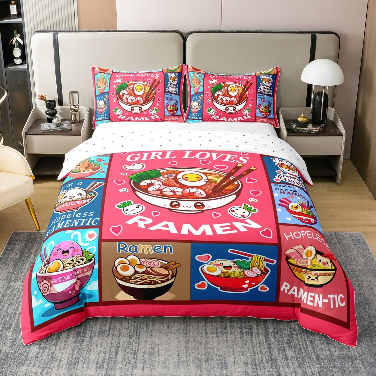 Loussiesd Ramen Baumwolle Bettwäsche Set 155x220cm Kinder Jungen Mädchen Ramen Suppe Bettbezug Ultra weiches Geschenk für Mädchen liebt Nudeln Betten Mädchen liebt Ramen Bettwäsche-Set Zimmer Dekor