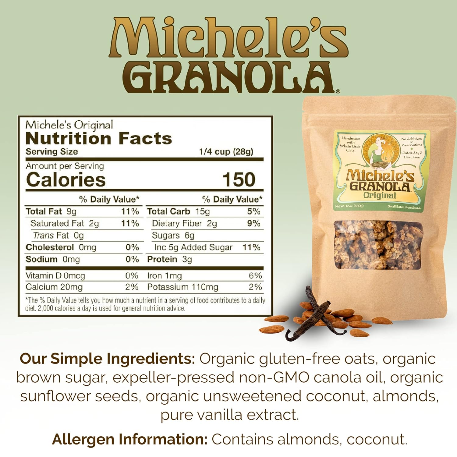 Michele's Granola Original, Handmade, Whole Grain, Vegan, Gluten-Free & Non-GMO, 80oz Resealable Bulk Bag