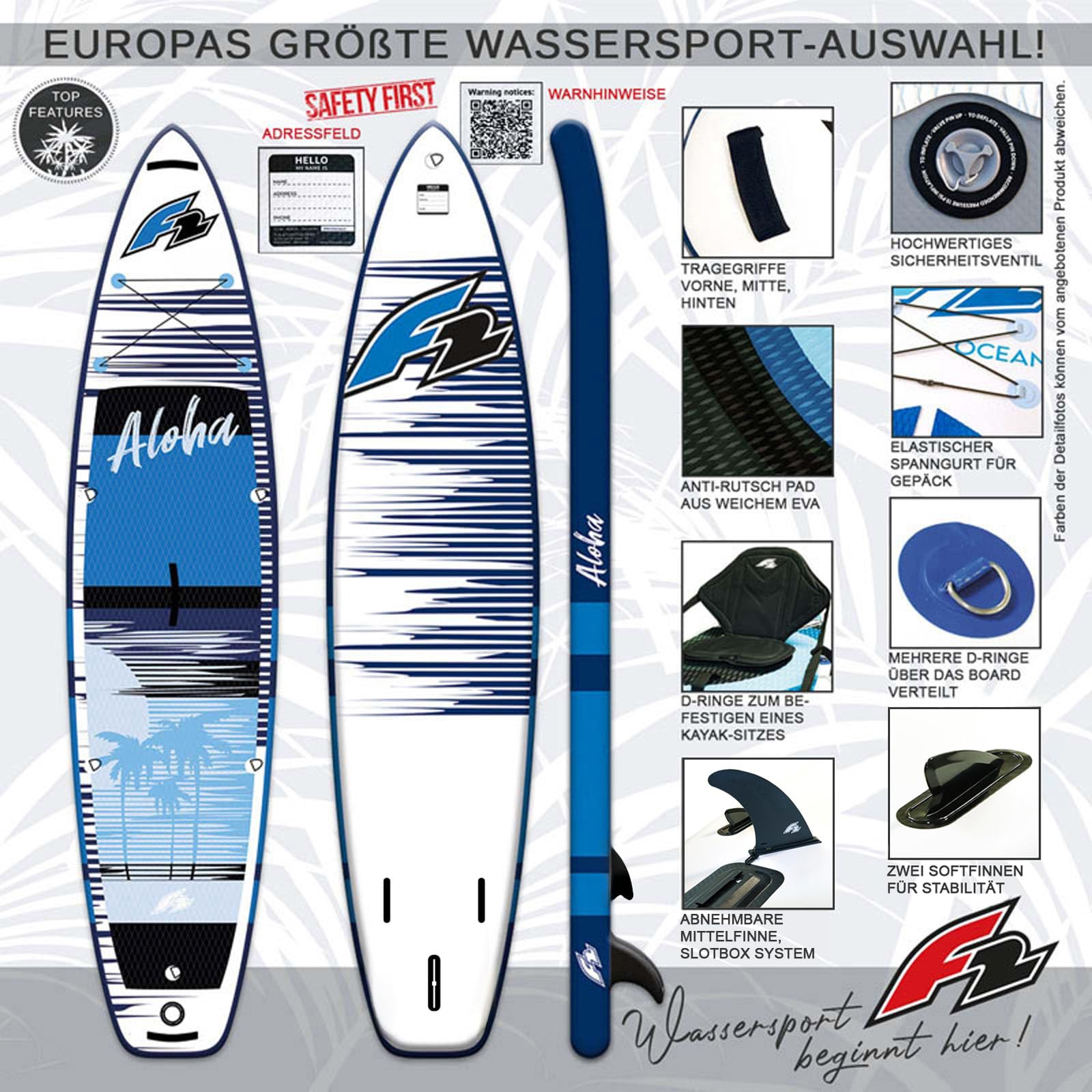 F2 SUP Stand Up Paddle Board Aloha 10'5''/11'4"/12'2" Größe wählbar Blau