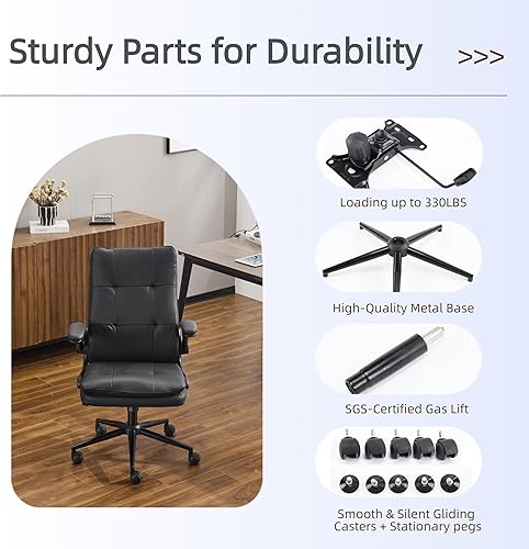 Miniatura 7 de VINGLI Cómoda silla de escritorio de piel negra, ergonómica de respaldo alto, silla de juegos para computadora con o sin ruedas, doble base, altura