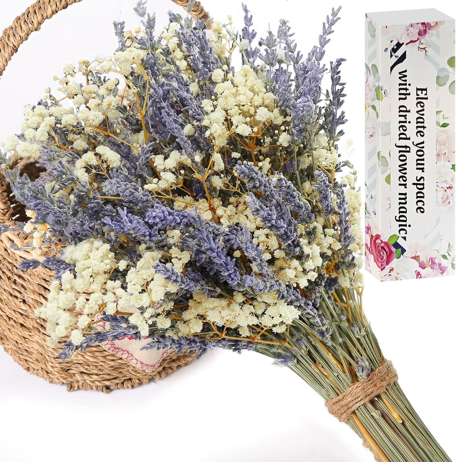 FUKUOKA Dried Lavender & Baby's Breath Bouquet - 2 Natural Gypsophila Bunches for Vases, Weddings, Valentine's Gifts, Home Decor, DIY