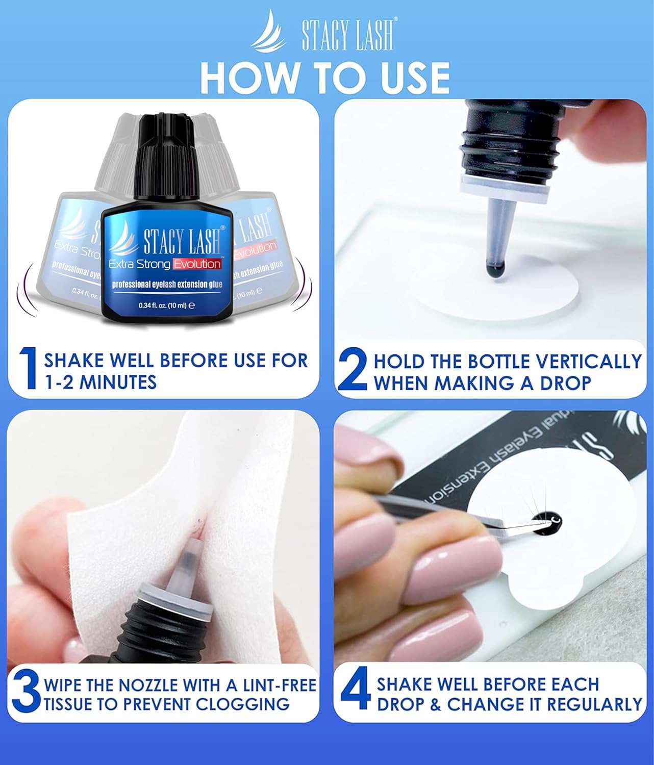 STACY LASH Extra Strong Evolution Eyelash Extension Glue (0.34 fl.oz/10 ml)/1-2 Sec Dry/Retention – 8 Weeks/Black Adhesive/Lash Tech Supplies