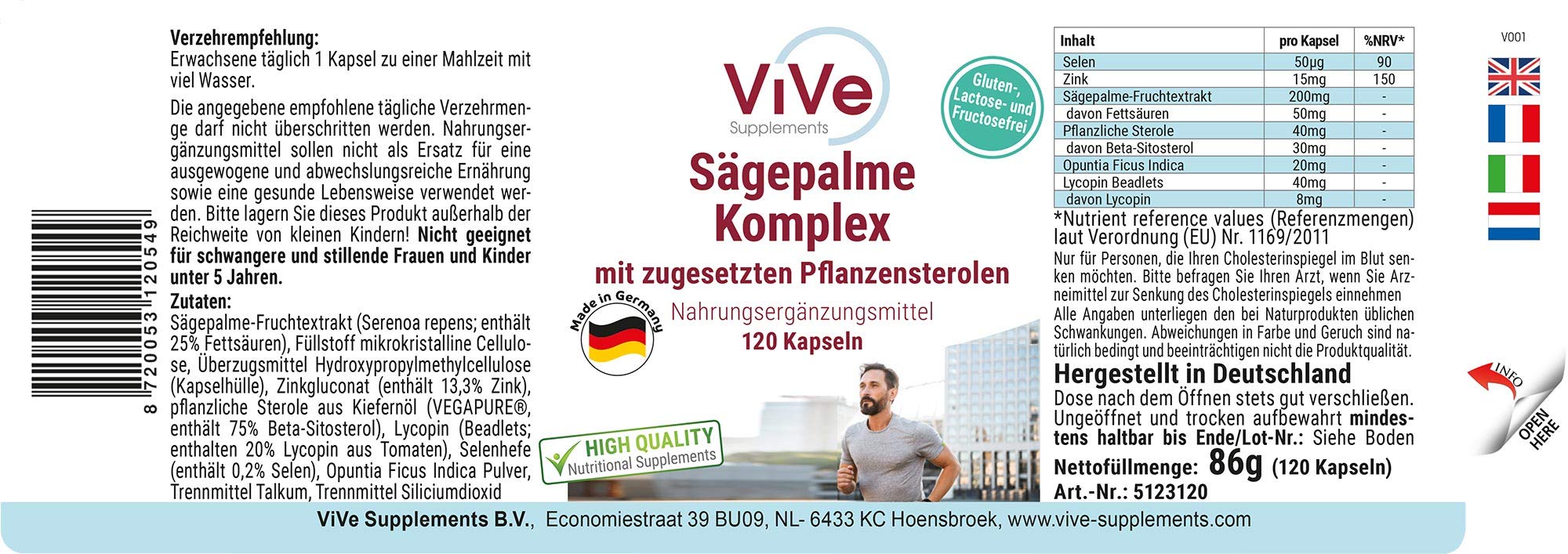 Sägepalmen Komplex - 120 Kapseln - Prostata Kapseln - Saw Palmetto mit Selen, Zink, Beta Sitosterol, Lycopin und Feigenkaktus - Hochdosiert - Vegan | Qualität aus Deutschland von ViVe Supplements