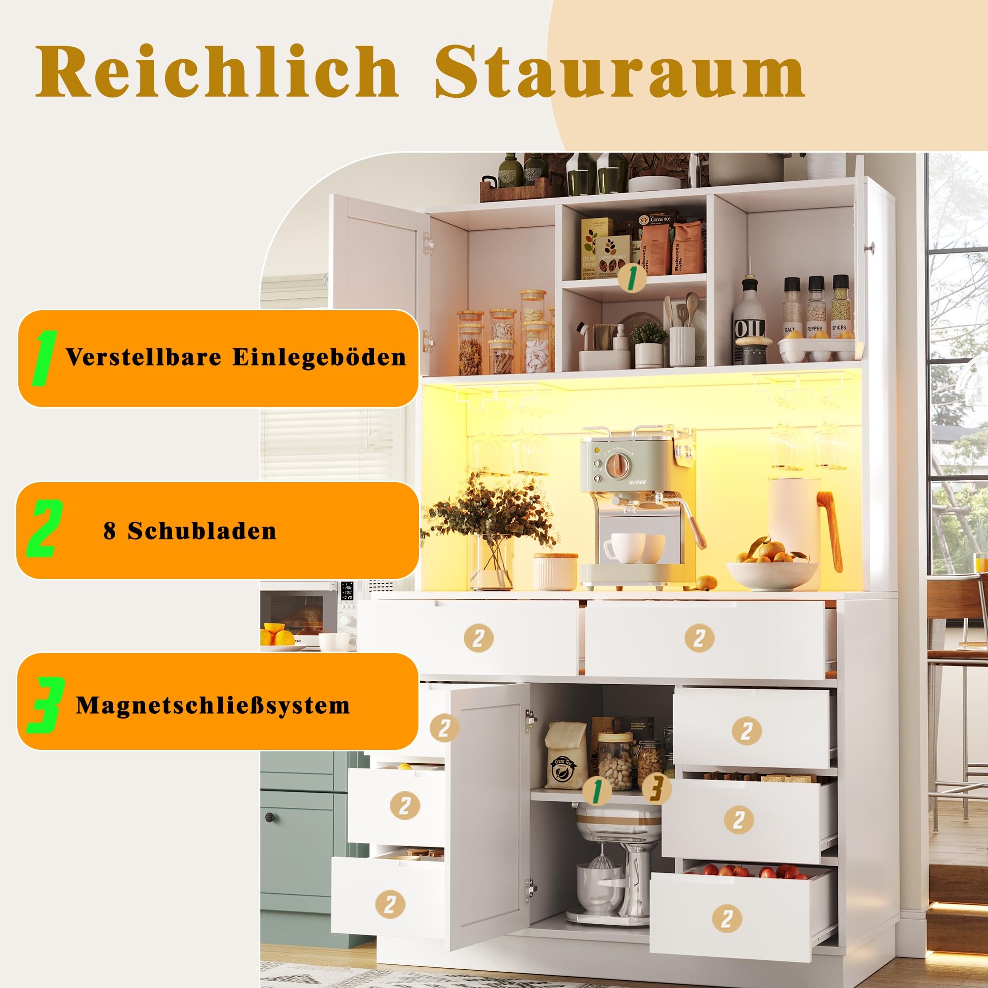 Hochschrank, Küchenschrank mit Smart LED Beleuchtung, Hochschränke fürs Wohnzimmer, 8 Schubladen, Magnetverschluss, Höhenverstellbaren Böden, 120 ×40×183.5cm, Weiß
