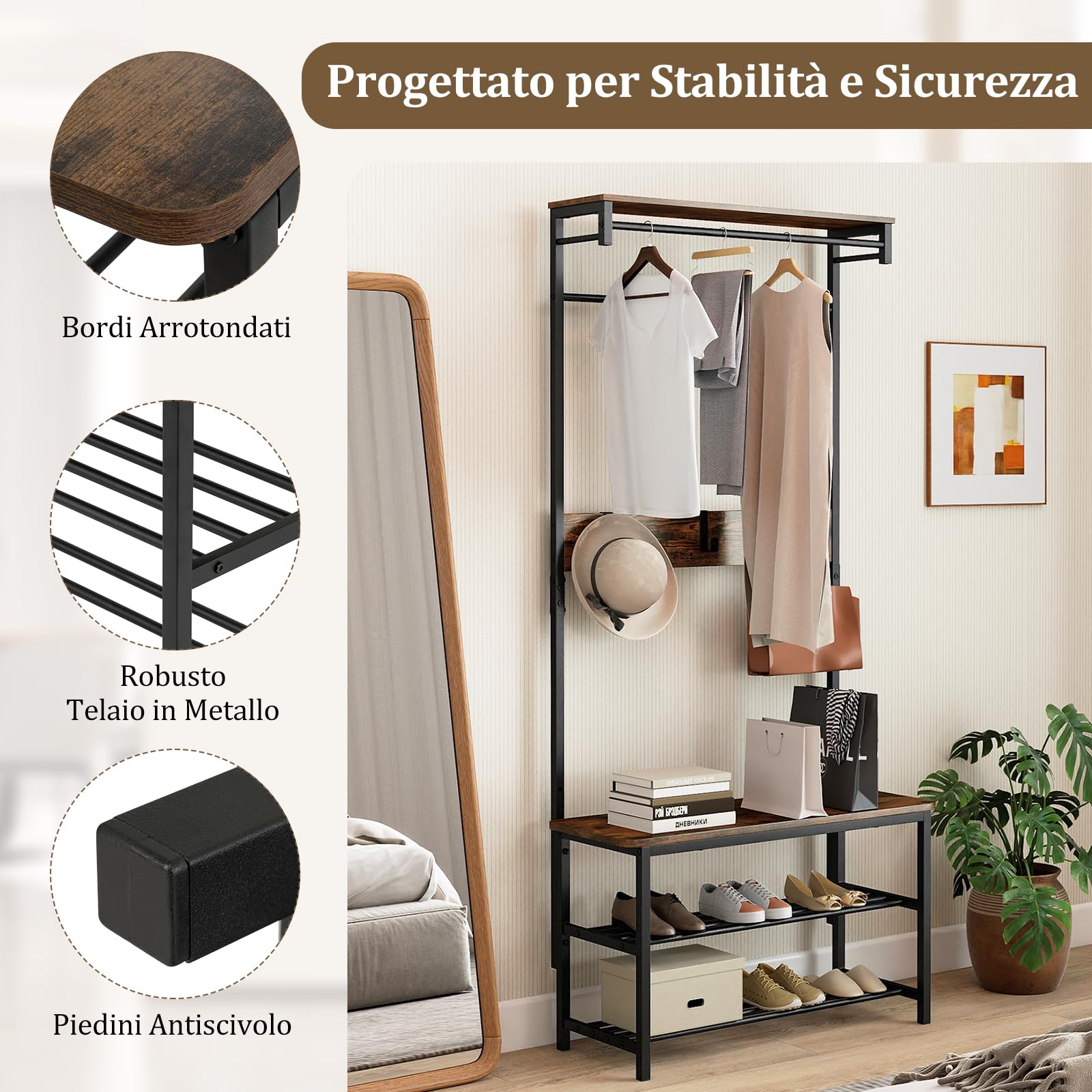 RELAX4LIFE Appendiabiti Scarpiera Alta, Organizzatore con Panca per Scarpe, Mensola di Stoccaggio, Barre per Appendere e 6 Ganci Estraibili, Appendiabiti Industriale per Corridoio e Ingresso